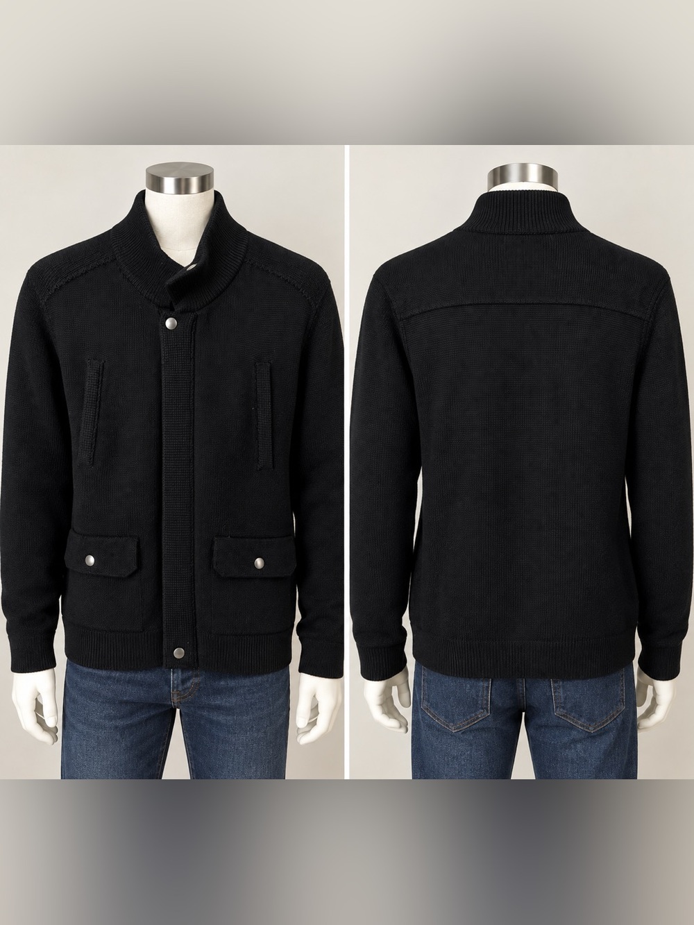 Banana Republic Mens M Black 100% Merino Wool 4 Pocket Zip Snap Sweater Jacket